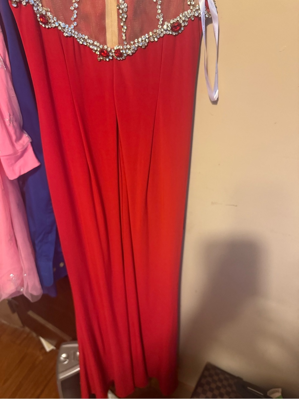 Red Beaded Evening Dress with Sheer Rhinestone Bodice